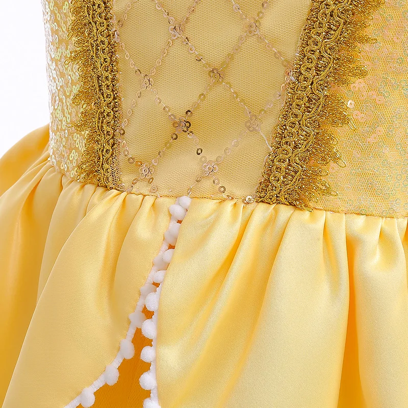 Girls Sequin Princess Dresses Children Disguise Cosplay Belle Costume Beauty and The Beast Carnival Halloween Birthday Party