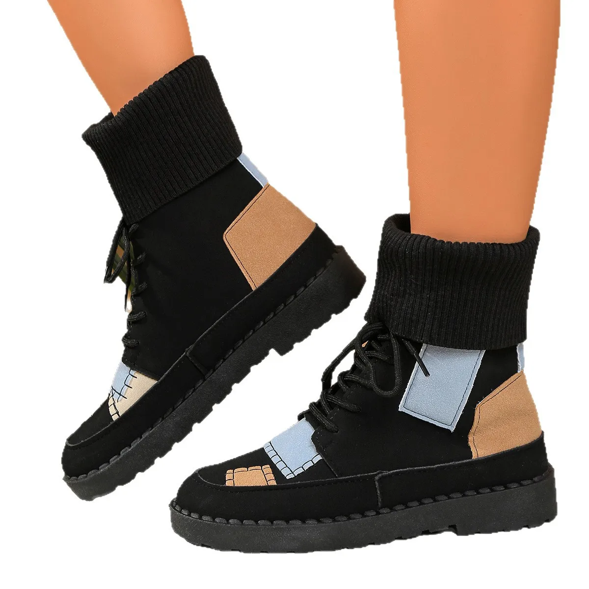 2025 Fashionable Sexy Lace Up Plus Size Work Boots for Women Winter Round Toe Thick Soled Comfortable Casual Mid Length Boots