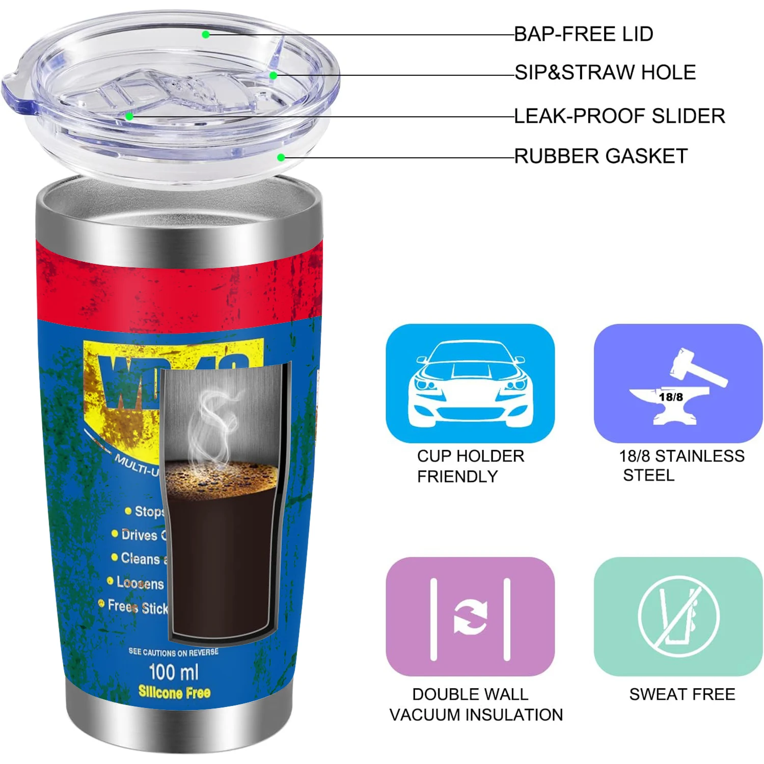 20Oz WD40 Stainless Steel Vacuum Insulated Tumbler Double Wall with Straw and Lid keep Cold Hot Drink Car Cup Distressed Design