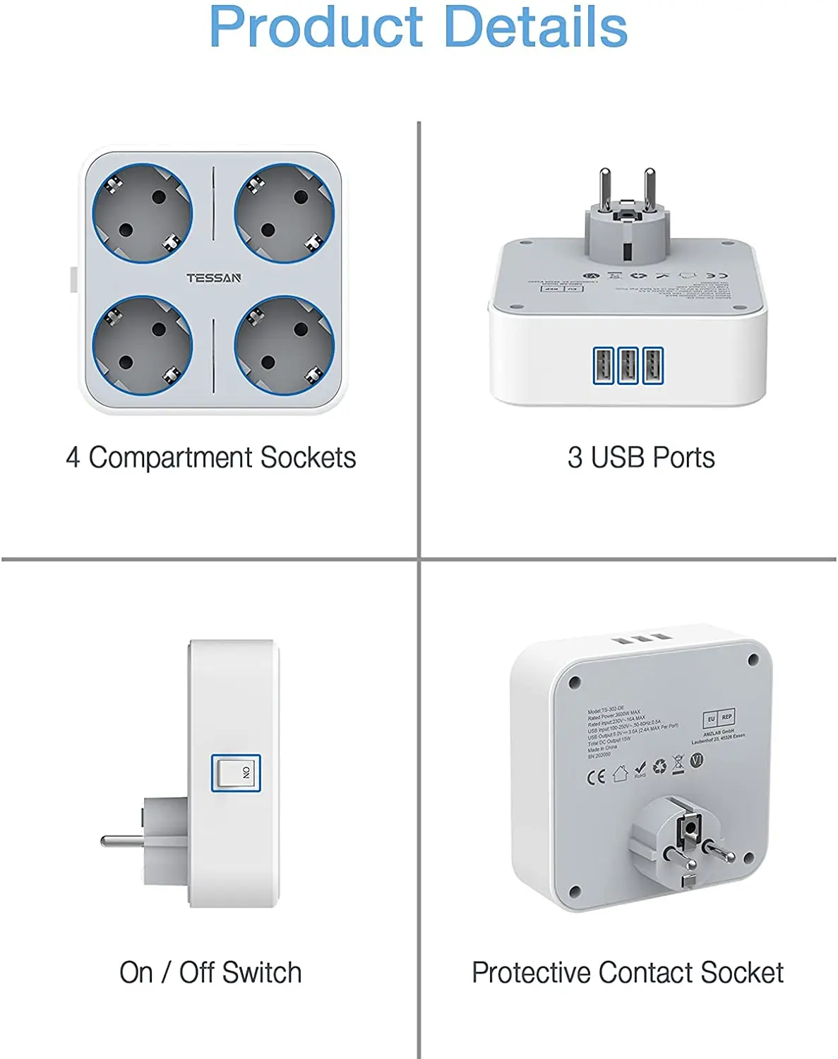 TESSAN EU KR Plug Power Strip Power Strip Plug Outlet Extender Power Extension Plug Extension Sockets Power Socket with AC Outlets & USB Ports (5V/2.4A), EU Wall Socket Extender for Smartphone, Laptop