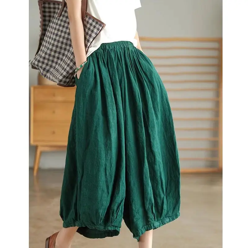 2024 New Summer Loose Oversize Casual Versatile High Waisted Slimming Retro Artistic Solid Color Linen Lantern Pants for Women