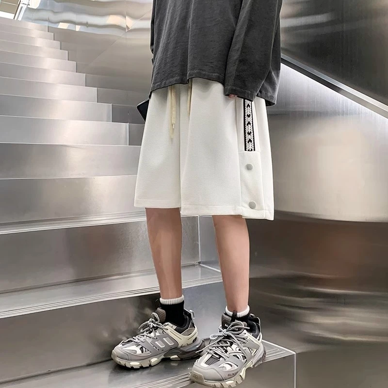 Men's Pants Shorts Waffle Summer Thin Tide Casual Knee Length Large Size Loose Straight Webbing Buttons Sweatpant Shorts for Men