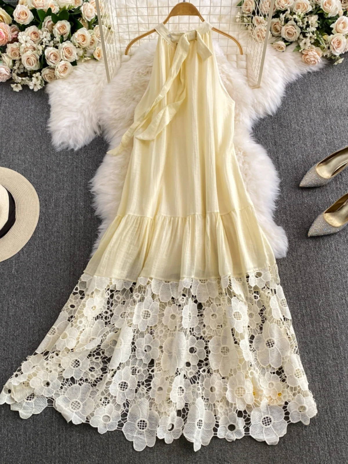 Vaion Sle Long Dr Women's High Ne Lace Hollow out Gown Gentle A-Line Skirt Korean Version Summer Dr 4