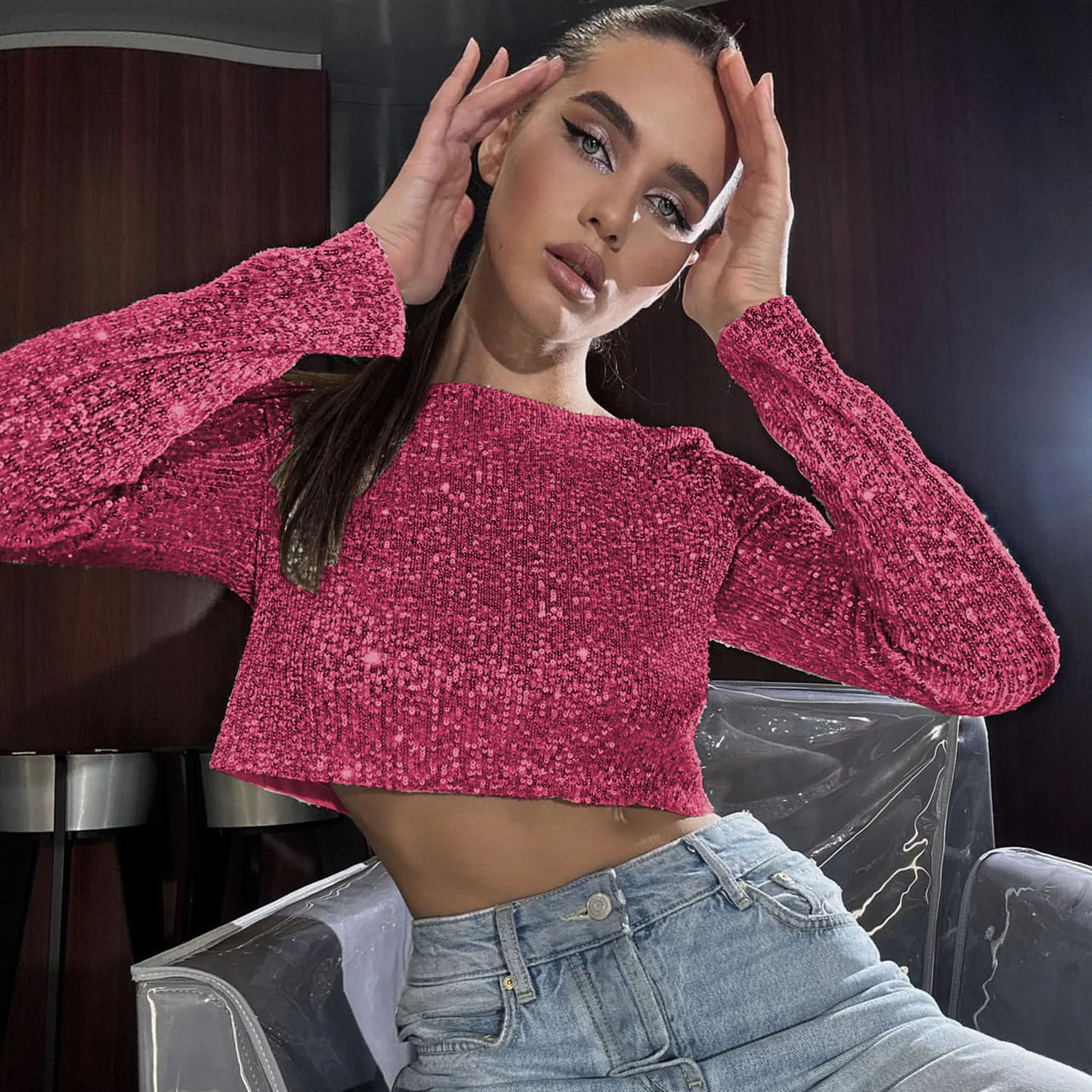 Glitter Sequin Crop top Female Long Sleeve T-shirt Sexy Outfit Solid Casual  High Street Sparkle Y2k Party Club Top