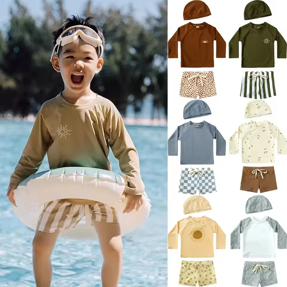 Summer Kids Boy Swimsuits Sun Protection Vacation Beach Pants Long sleeve Tops with Hat Children Surfing Swim Suit 1-7Years