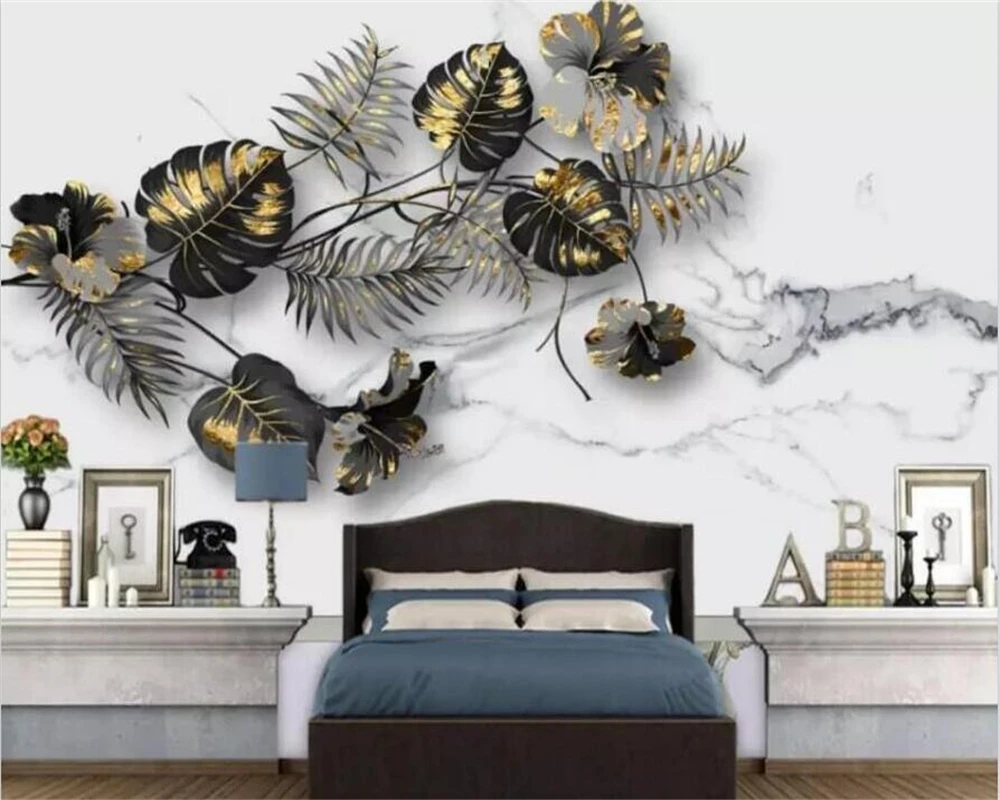 

Custom Wallpaper 3d Mural Modern Nordic Style Gold Foil Tropical Plant Background Wall Living Room Bedroom Decorative Painting