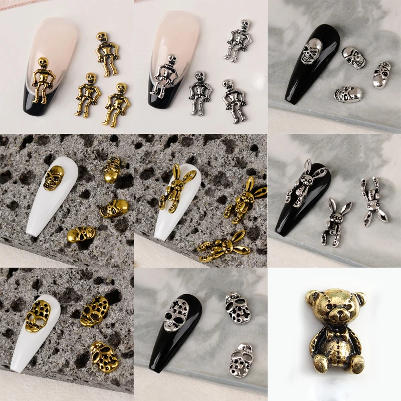

3D Retro Alloy Manicure Charms Nails Art Accessories 10Pcs/set Bear Rabbit Skeleton Nail Rhinestones Decor for Women Teen Girl