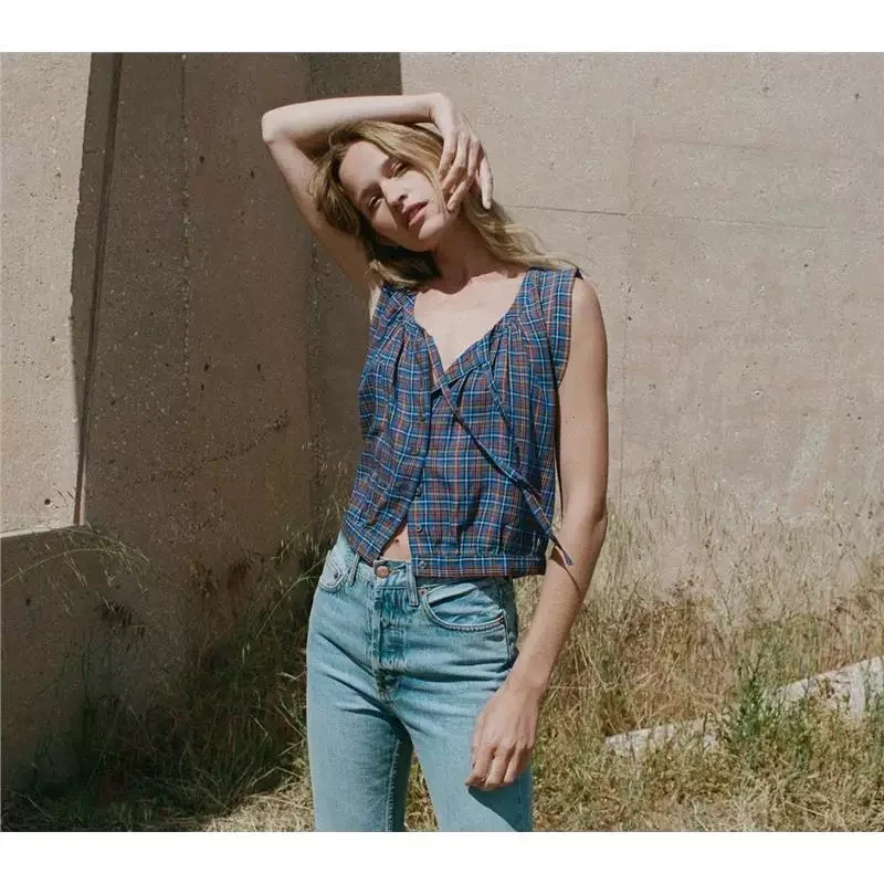 

Женская майка с контрастным клетчатым принтом, повседневная универсальная майка на шнуровке без рукавов, лето 2024