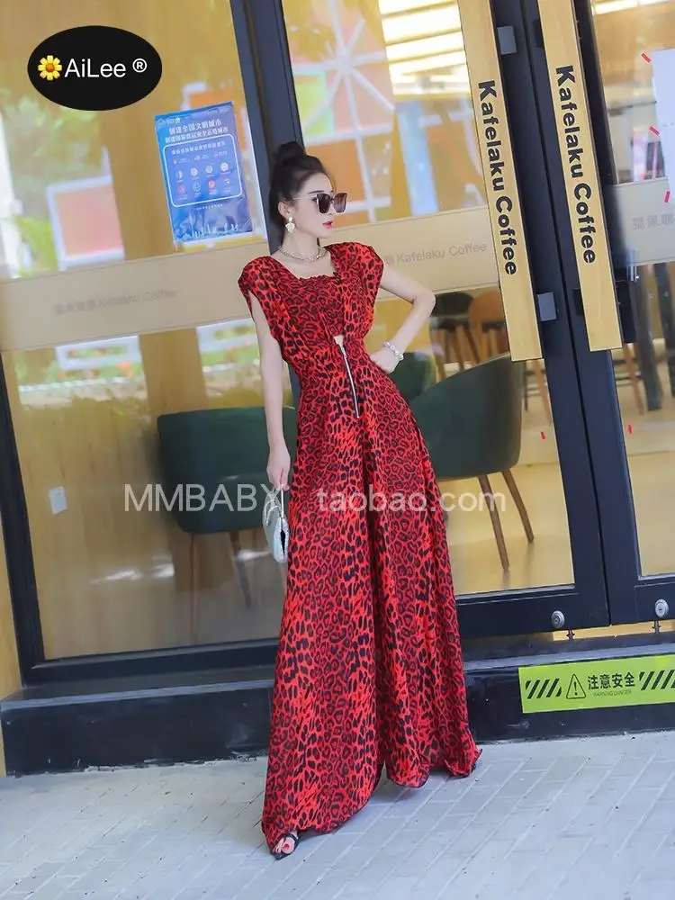 Women's Fashion Leopard Jumpsuits Summer Spring Wide Legs Playsuit Ladies Elegant Cape Sleeve Party Club High Street Rompers