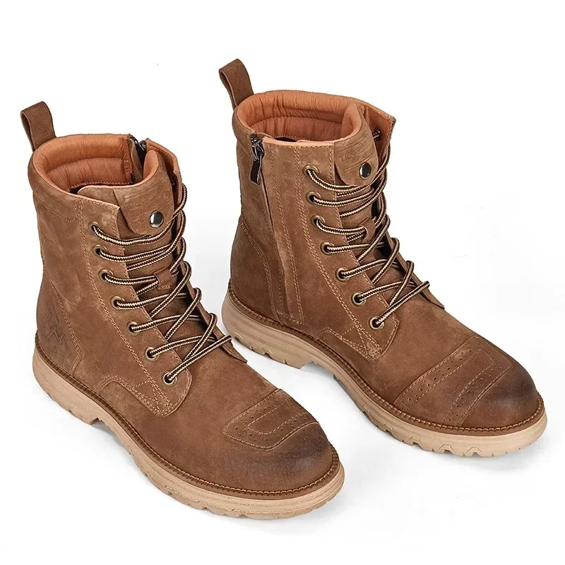 Brown Motorcycle Boots Men Women Motorcyclist Boots Breathable Cow Leather Moto Shoes Anti-slip Racing