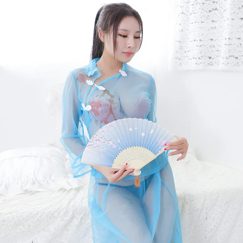 

Women Lady Sexy Cheongsam Shirt Skirt Set Retro Transparent Mesh Temptation