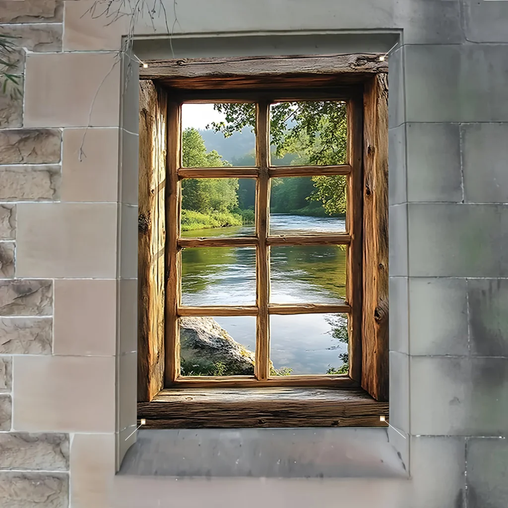 Ein einfaches 2D-Landschaftskunstfenster mit einem Banner überzogen – realistisches Holzrahmen-Aussehen, Landschaftsflussansicht, Polyester – Detail 8