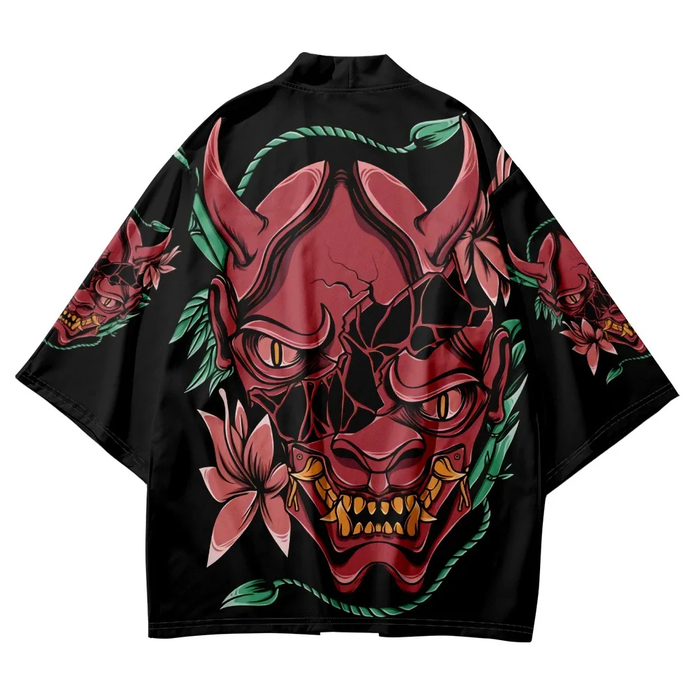 

2023 Haori Yukata Japanese Men Kimono Black Demon Print Cardigan Cosplay Shirt Clothes Kimono