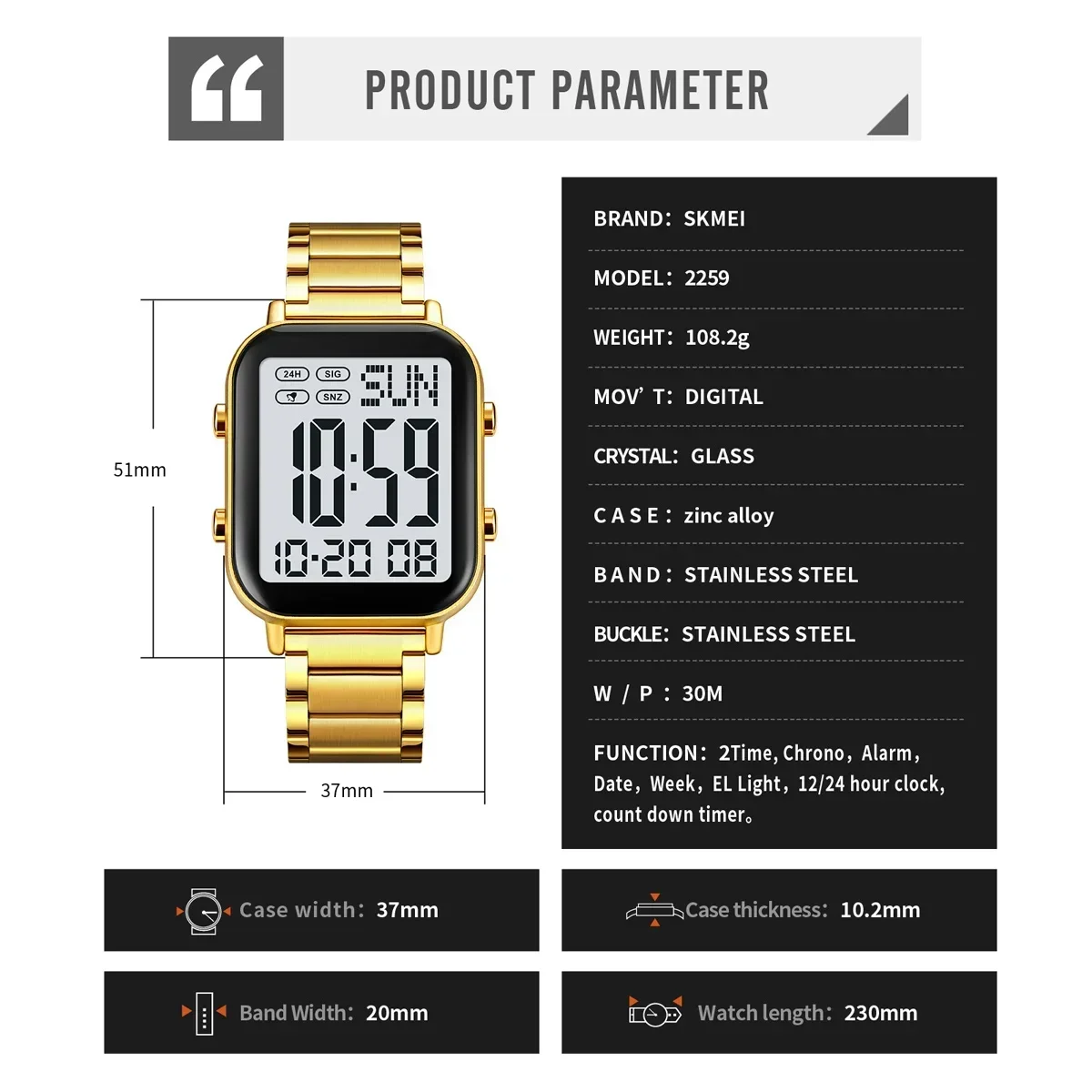 SKMEI 2259 Luxury EL Display Stainless Steel Digital Watch for Men Waterproof Sport Electronic Mens Wristwatch 1859 Reloj Hombre 6