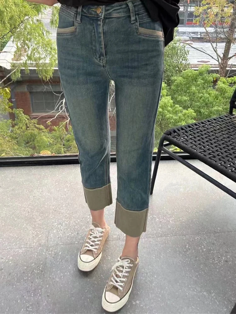 Y2k Large Size Straight Tube Rolled Jeans For Women 2023 New Spring And Autumn High-waisted Fat Mm Slim Nine-minute Smoke Pipe