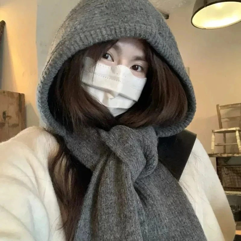 Korean Balaclava Bonnet Women Skullies Beanies Hat Scarf One-piece Thickened Warm Neck Protection Winter Accessories Knitted Law