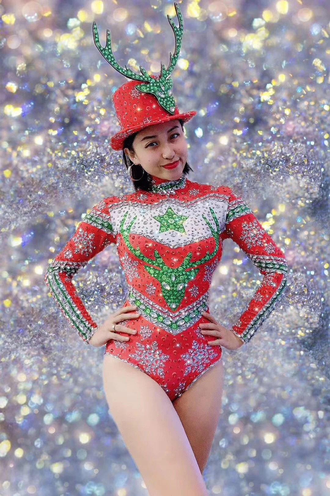 

Red Long Sleeve Christmas Shining Rhinestones Sexy Bodysuits Headdress For Women Festival Drag Queen Outfits Stage Costume