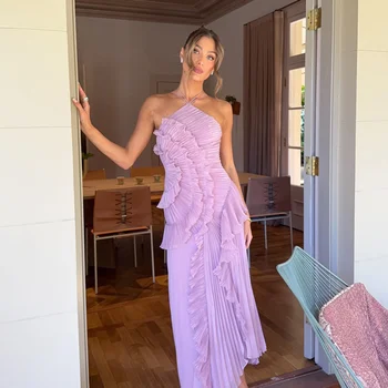 Robe bal violette volants licou dos nu longue été