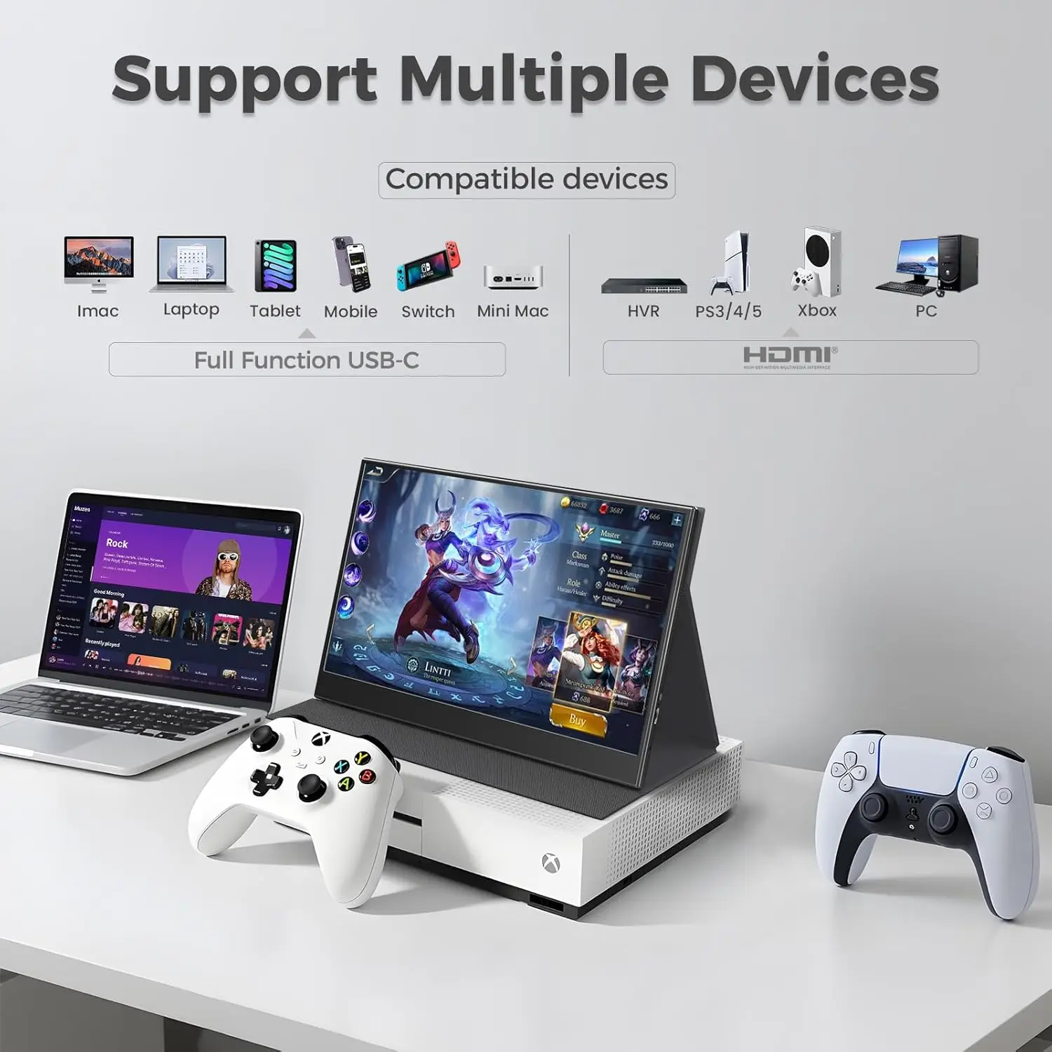 14인치 휴대용 모니터 1.2K 풀 HD PC 보조 화면 확장 모니터 게이밍 휴대용 디스플레이 (타입 C HDMI 지원)