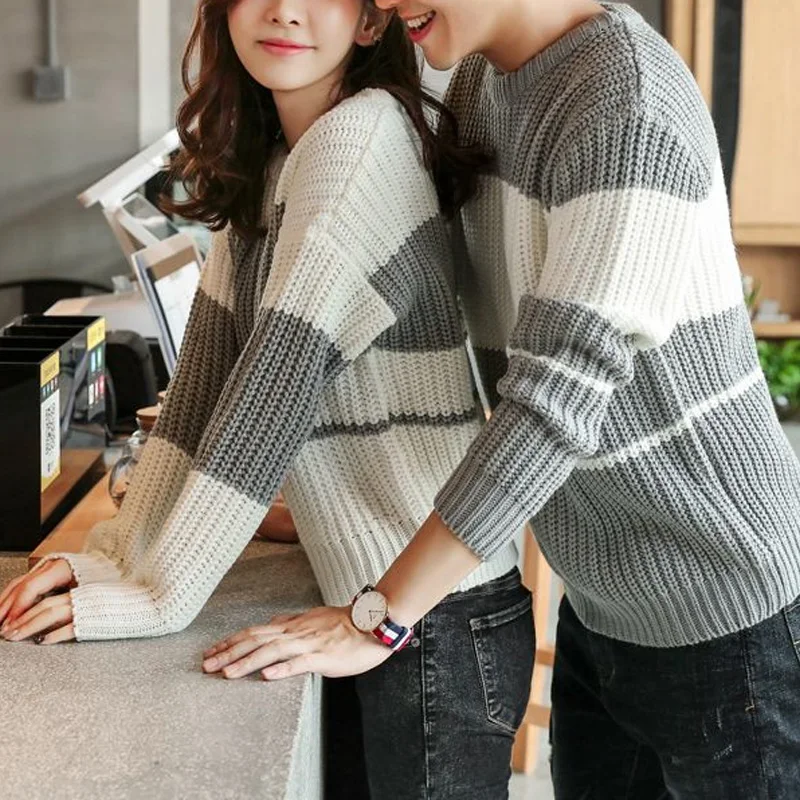 2023 Autumn Winter New Round Neck Long Sleeve Contrast Color Striped Sweater Man High Street Loose Casual All-match Pullovers
