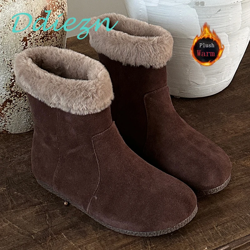 

Warm Fur Short Boots Women Footwear Flats Round Toe Slip-On Female Casual Shoes Fashion Winter Plush Ladies Modern Ankle Boots