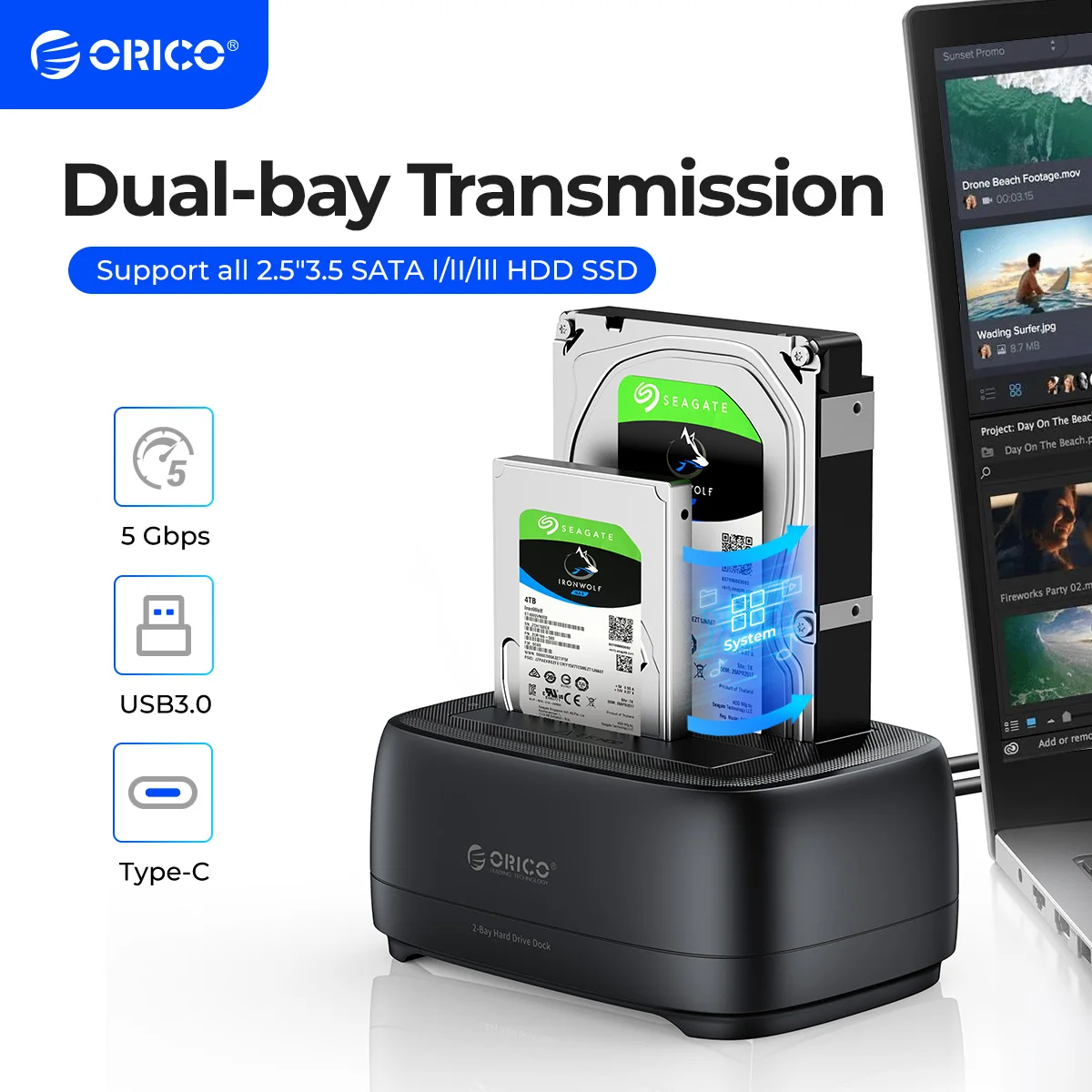 Estação de Disco Rígido Orico Dual-bay Usb3.0 5gbps Tipo-c Hdd Docking Station com 12v 3a Adaptador de Energia para 2.5 3.5 Polegada Hdd Ssd