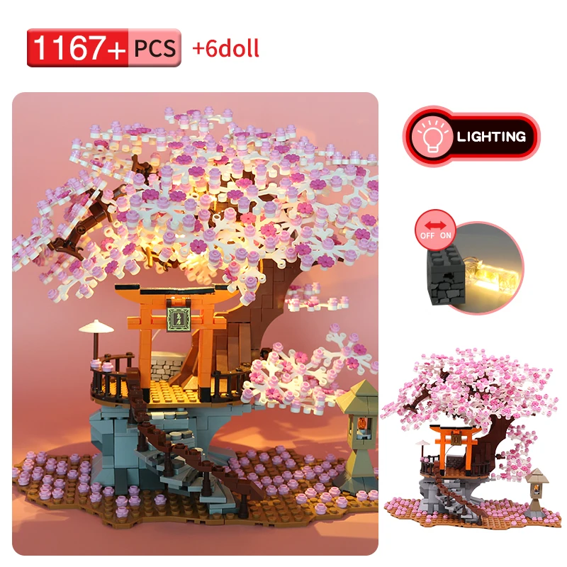 City Street View Shalter Sakura Building Blocks Cherry Blossom Classic Moc House Tree Brick Kids Construction Toys Regalo Per Bambini