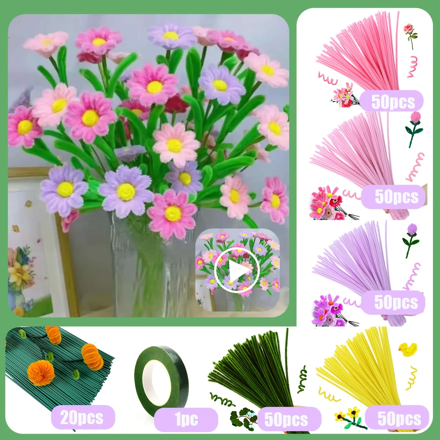 271pcs DIY Daisy Flower Craft Kit with Tutorial Video-Faux Fur Material,Pipe Cleaner Crafting Supplies-Perfect for Decorations daisy craft kit