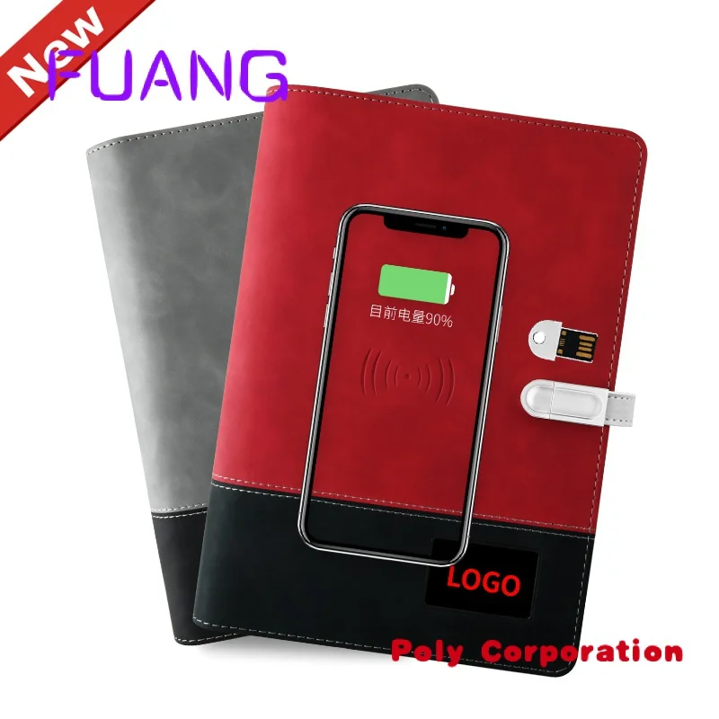 Custom  Custom LED Logo A5 Loose Leaf Pu Leather Splice Hard Cover 6 Binder Diary Powerbank Notebook With 10000mah for Apple and