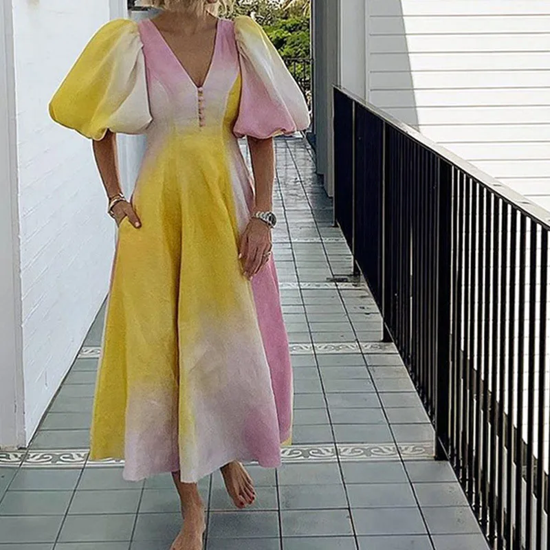 

Fashion Women Pockets Loose A-line Dresses 2023 Elegant French Tie-dye Puff Sleeve Party Dress Sexy Open Back V-neck Long Dress