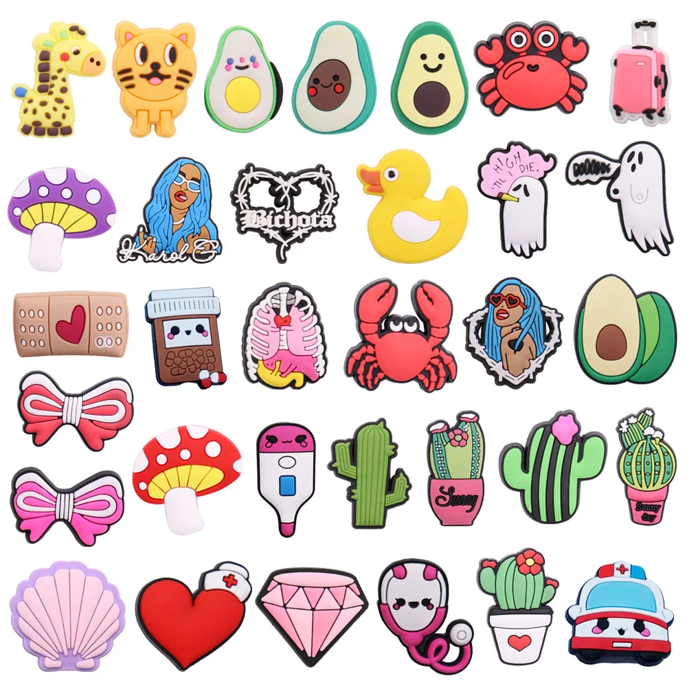 

Mix 50Pcs PVC Croc Charms Mushrooms Thermometers Crabs Cows Rainbows Ambulances Buckle Clog Garden Shoes Button Decorations
