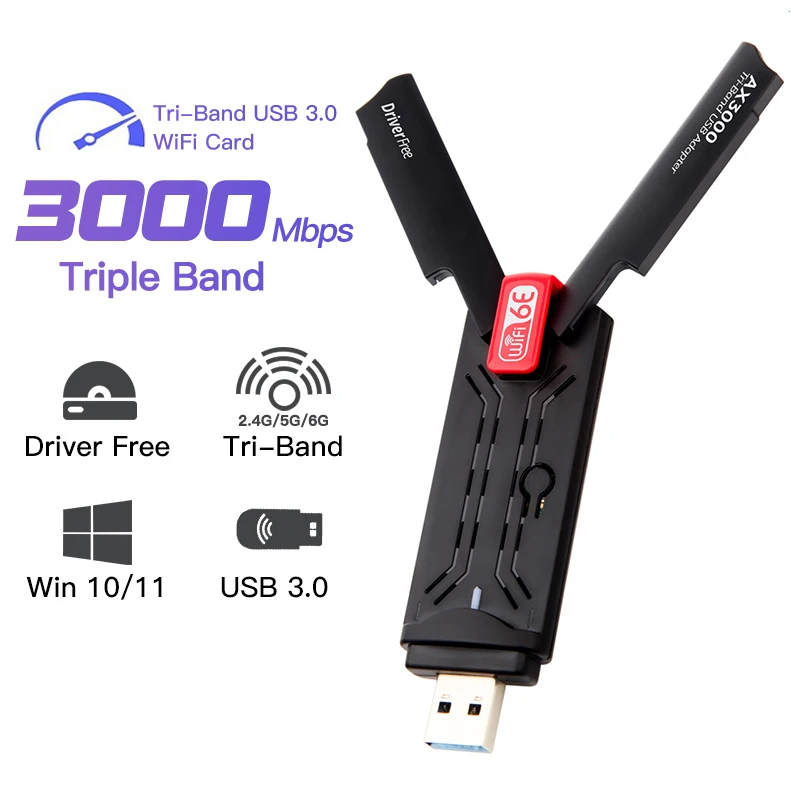 

Tri-Band 2.4G 5G 6G WiFi 6E AX3000 RTL8832CU Driver Free Wifi Dongle Wlan Receiver External Antenna For Laptop/PC Windows 10/11