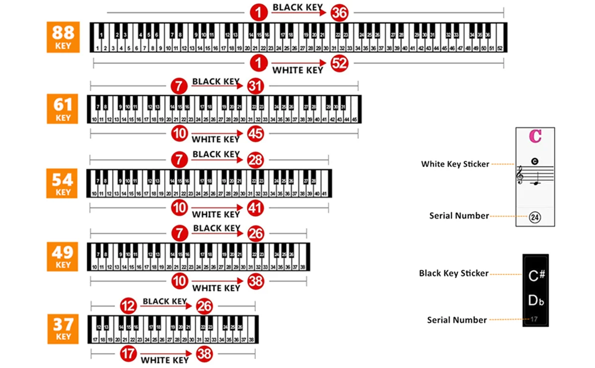 Klavier tastatur aufkleber für 37 49 54 61 88 weiße und schwarze Tasten Musik elektronische Klavier tastatur Notiz aufkleber – Detail 2