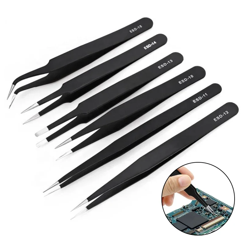 

1PC ESD Anti-Static Stainless Steel Tweezers Precision Maintenance Industrial Repair Curved Tool for Home Working Model Making