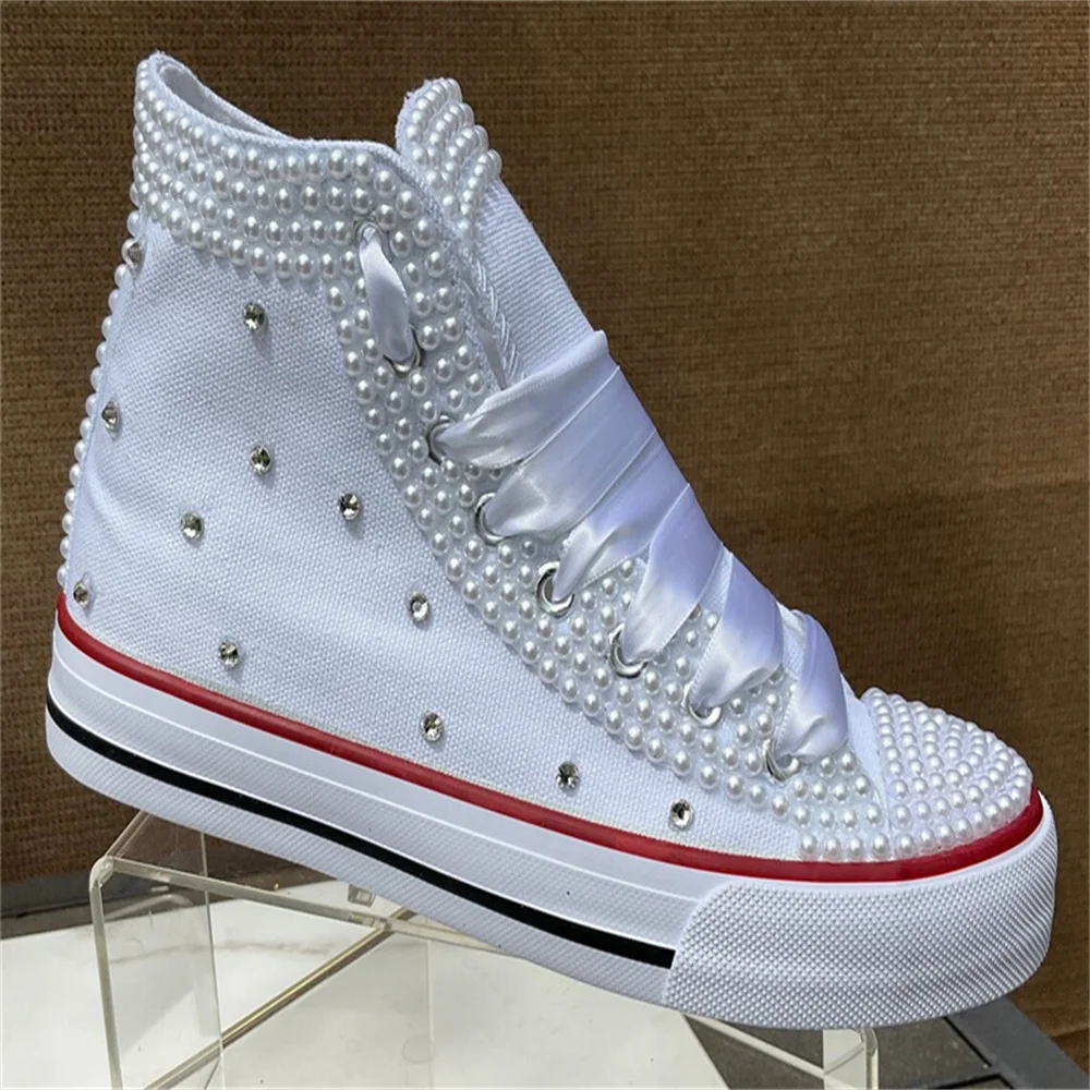 White high top pearl rhinestones ribbon style canvas shoes integrated sports casual shoes women's 35-44