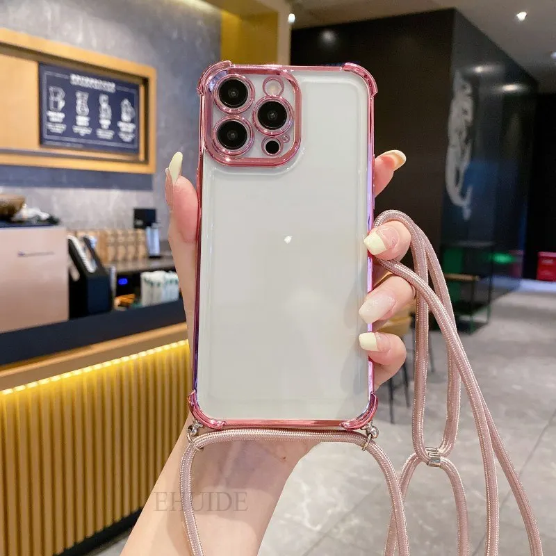 Clear Strap Crossbody Shockproof Plating Case with Lanyard Cord