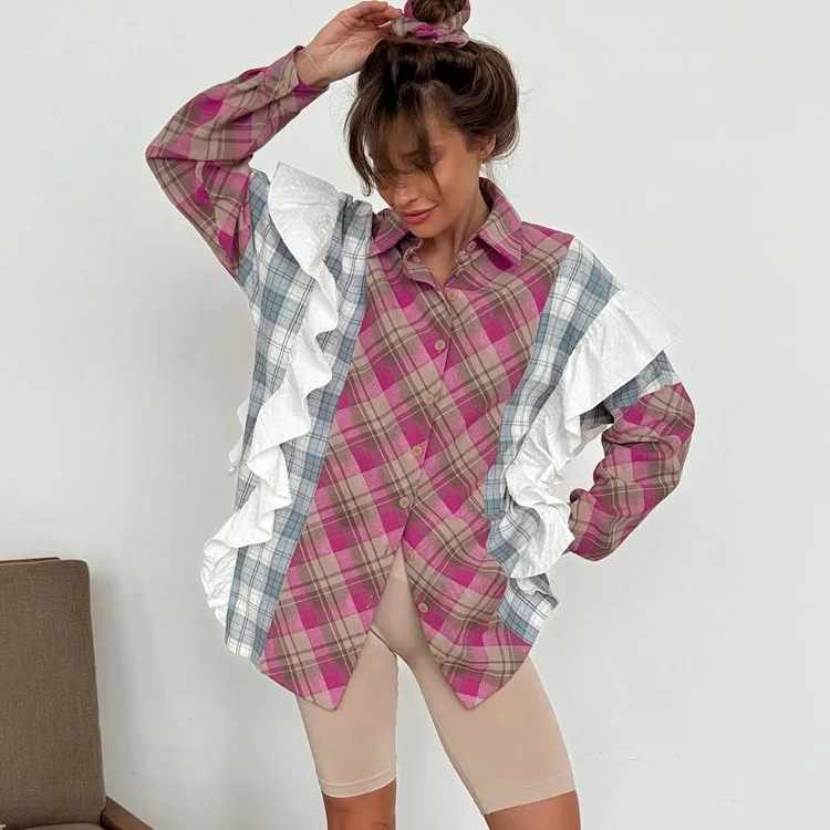 Ruffled Fashion Patchwork Shirts Women's Long Sleeve Lapel Cardigan Striped Contrast Clothes For Women Summer Shirts Coat