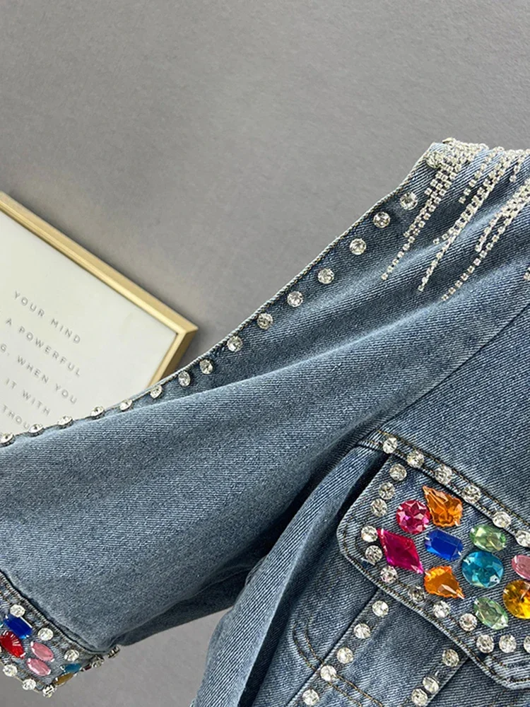 Tassel Rivet Colorful Diamond Denim Jacket Fashion Women Long Sleeve Streetwear Outwears Jackets Coat 2024 New Summer New  Top