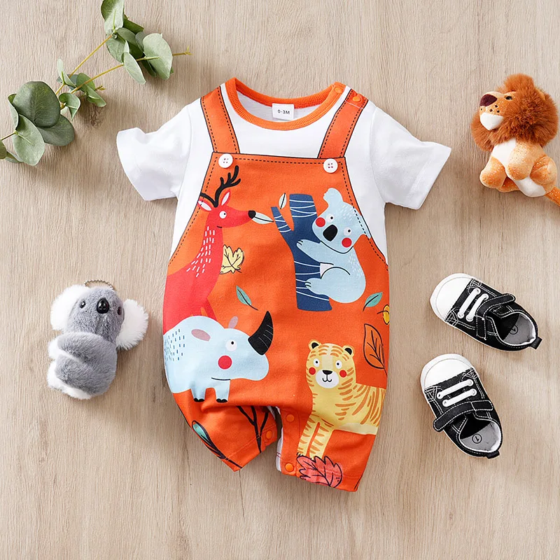 0-36M Zomer Baby Jongens En Meisjes Ronde Hals Jumpsuit Met Korte Mouwen Volledige Print Dinosaurus Comfortabel En Ademend