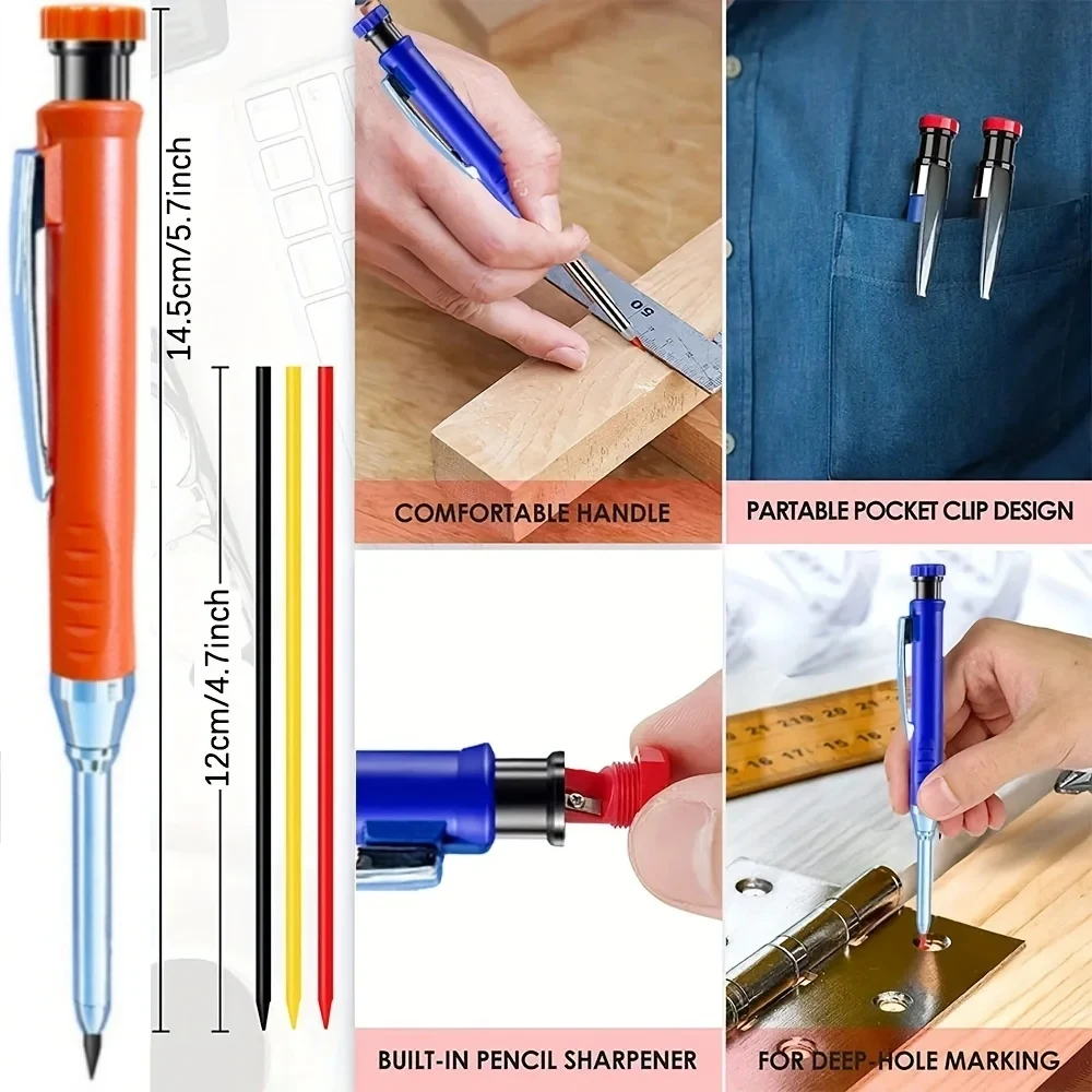 3 Colors Refill Solid Carpenter Mechanical Pencil Set Deep Hole Carpentry Marking Scriber Construction Tools Woodworking Tools 5