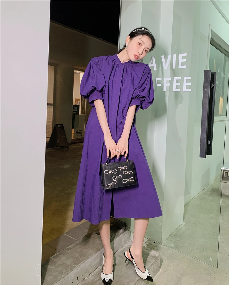 fitted lace wedding dress Tiya Hand Dyed Purple Balloon Sleeve Dress – Nilam India main image 0