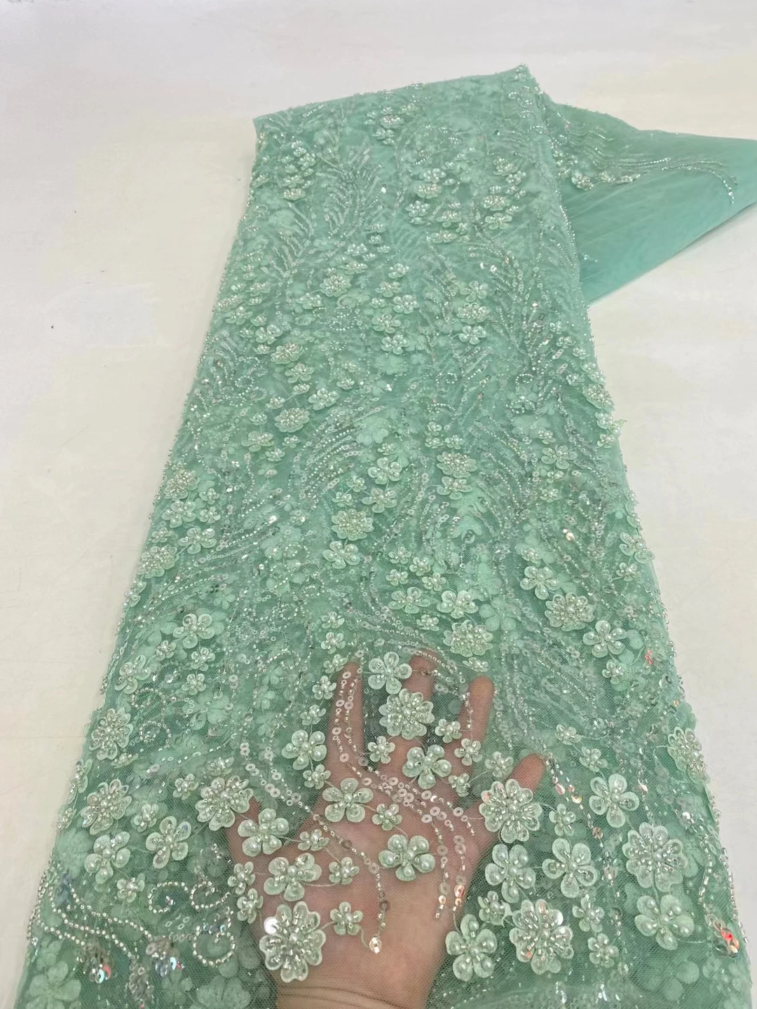 Mint Green Bridal Mesh Net Fabric Long Dress Design French Sequins