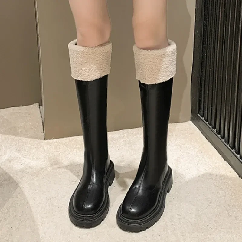 New Hot Sale Zipper Women's Boots Winter Round Toe Solid Plush Warm Mid-Calf Platform Water Proof Fashion Boots Plus Size 41 42