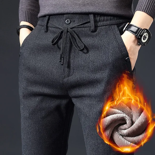 남성용 따뜻한 플리스 바지, 두꺼운 비즈니스 스트레치 바지