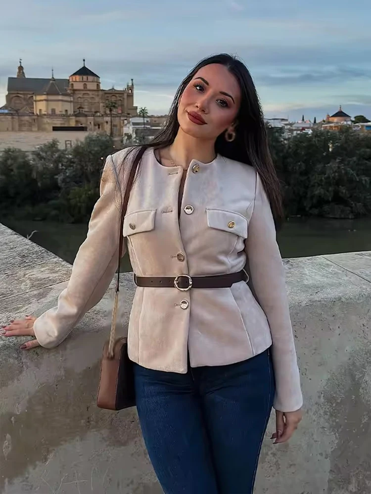 Chic Fashion Suede Blazer Woman Autumn Single Breasted Long Sleeves Belt Blazers Jacket Casual New Women's Suit Coat