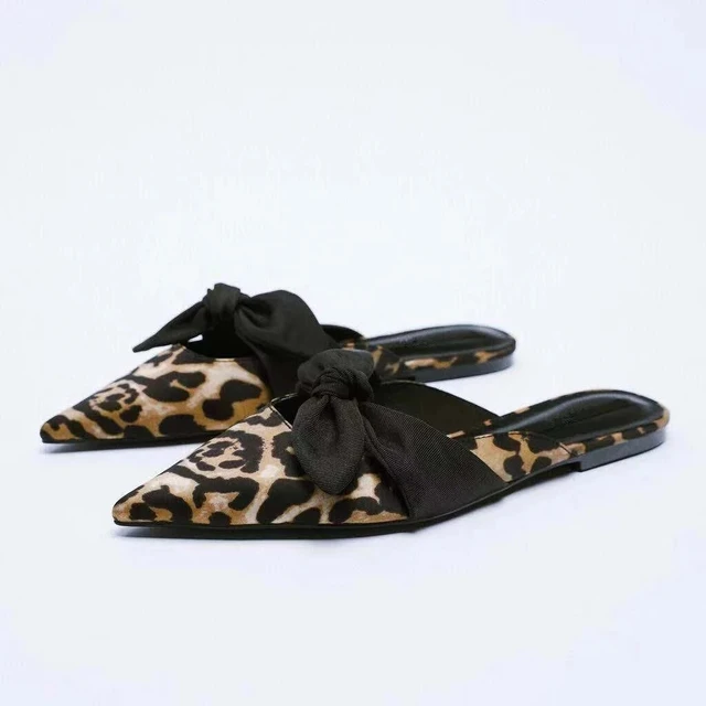ZARZ Woman 2022 Flat Shoes Spring Summer Pointed Sexy Bow Outer Wear Plus Size 41 Beige Lazy Sandals And Slippers Women Luxury Leopard print