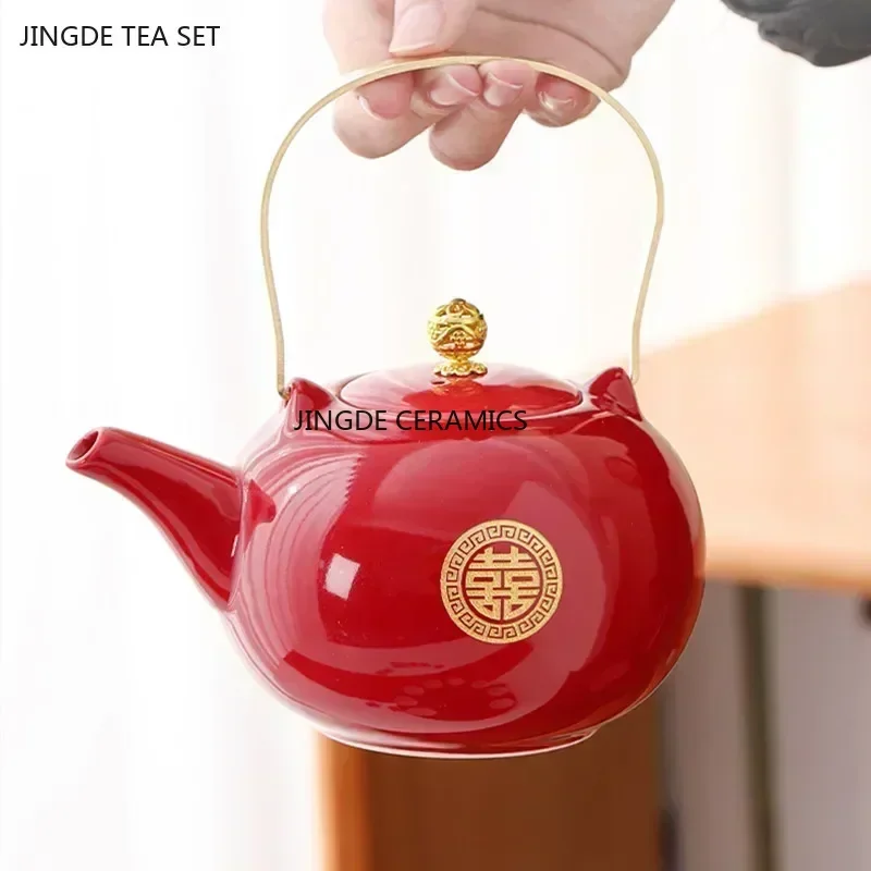 Red Ceramic Tea Set, Chinese Wedding Tea Set, Handmade Tea Pot Set, Special Customized Home Porcelain Beauty Tea Cup Set