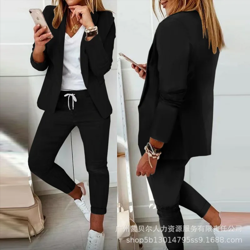 Female Business Suit Women's Long Sleeve Cardigan Turn-down Collar Coat Lace-up Mid Waist Pencil Pants Plaid Print