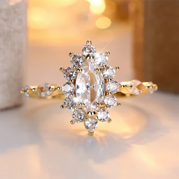 Luxury Crystal Zircon Marquise Stone Rings For Women Vintage Gold Color Engagement Bands Wedding Jewelry Bridal Birthday Gifts