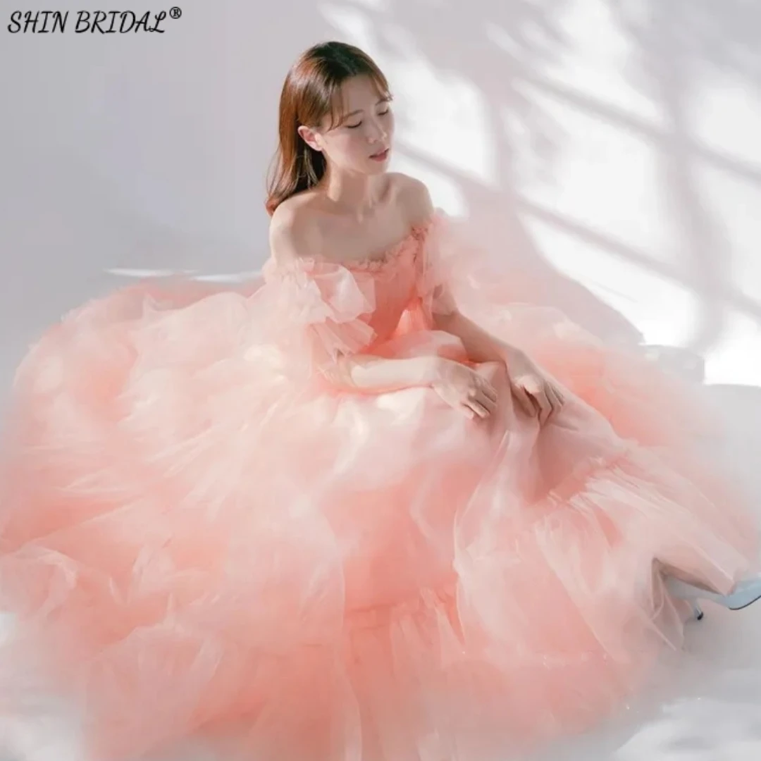 

SHIN BRIDAL Soft Tulle Puff Short Sleeves Evening Dresses for Women A Line Long Backless Wedding Party Dresses Formal Elegant